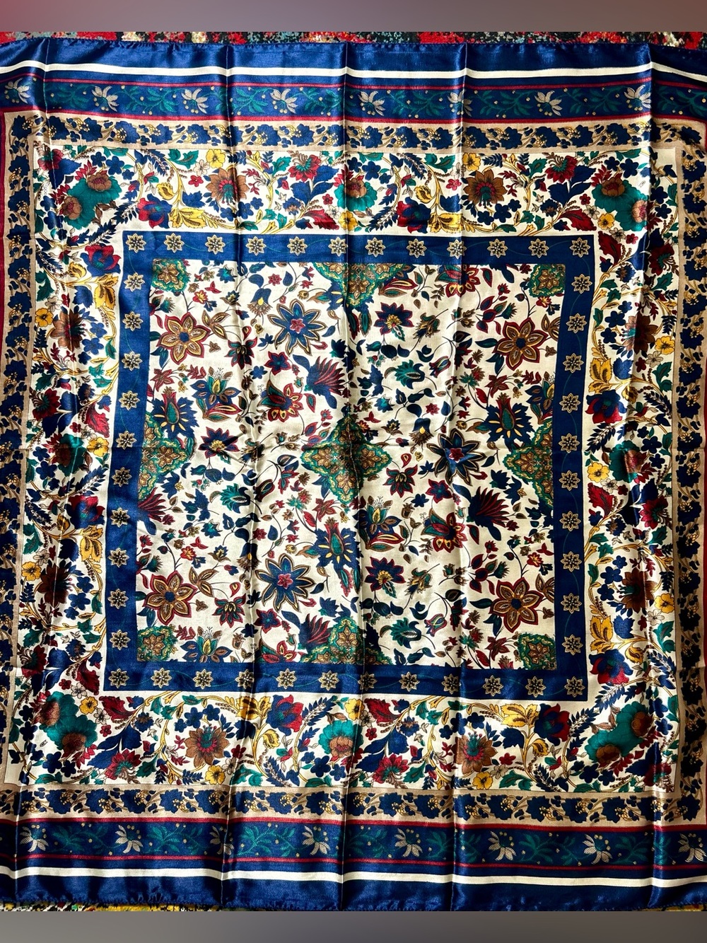 Large Vintage jewel toned floral print scarf.